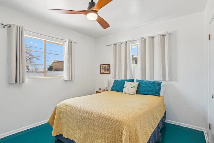 Light and bright, the south facing bedroom features a traditional coil mattress with a memory foam topper and USB charging station for mobile devices.