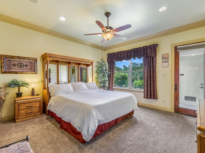 Lakefront Suite (lower level) primary king bedroom, full closet, flat screen tv, power/usb on both sides of the bed, patio access door, ensuite bath, and views of the back patio, hot tub, and Lake Travis (note that bedspread may be a different color)