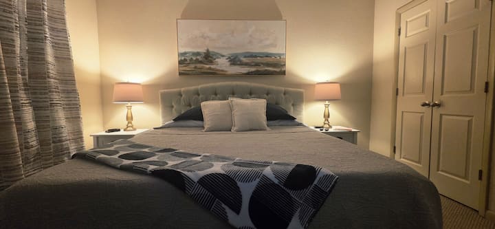 Master bedroom suite includes a king sized memory foam bed and lots of pillows!