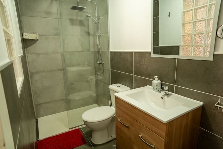 Baño completo con ducha, lavabo de madera y espejo: funcional y muy cuidado.