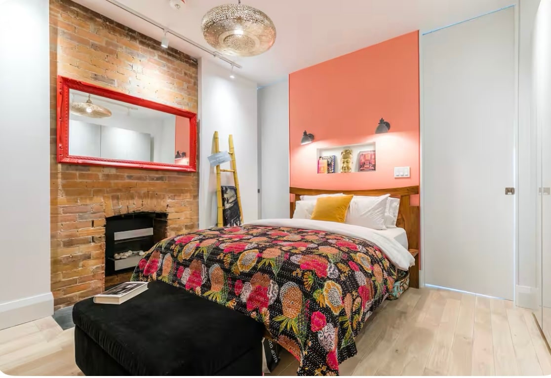 Quality firm queen mattress for a good sound sleep. Attractive international décor. Closet available to hang garments.