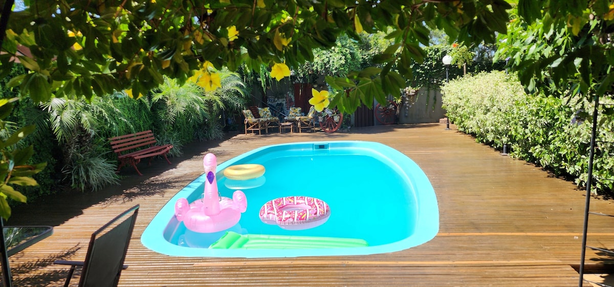 A private pool is surrounded by a wooden deck, adorned with vibrant inflatable floaties. Lush green plants provide natural privacy, while comfortable seating can be seen in the background. The inviting space is ideal for relaxation and leisure in a tranquil setting.