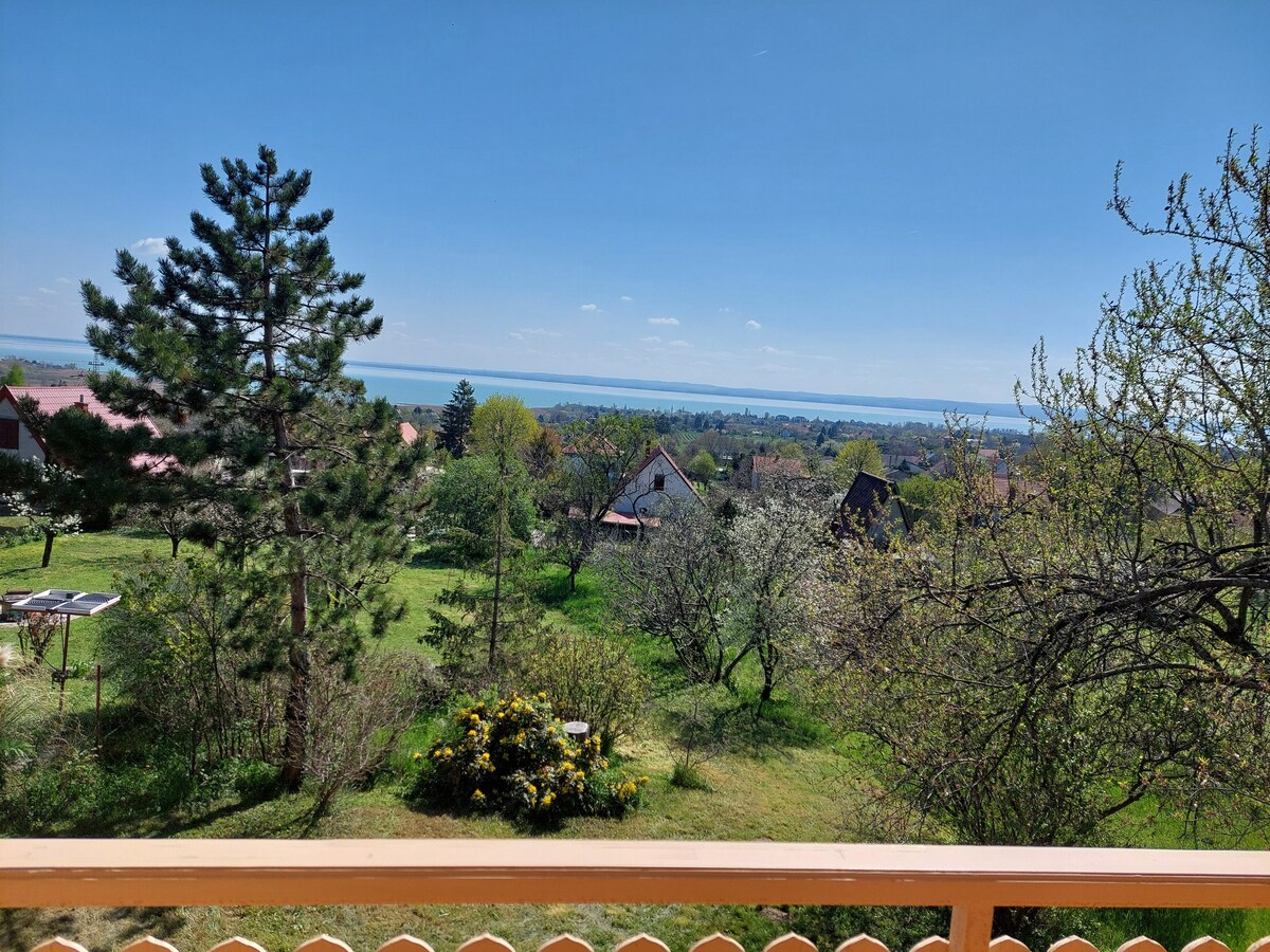 A scenic view of a green landscape is captured from the balcony, with trees and flowering plants visible in the foreground. In the distance, the tranquil waters of Lake Balaton are seen under a clear blue sky, enhancing the peaceful outdoor setting.