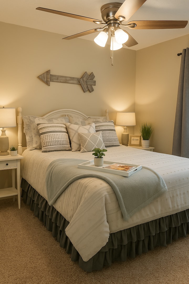 Relájate en la acogedora suite principal/ropa de cama suave y detalles de la granja
