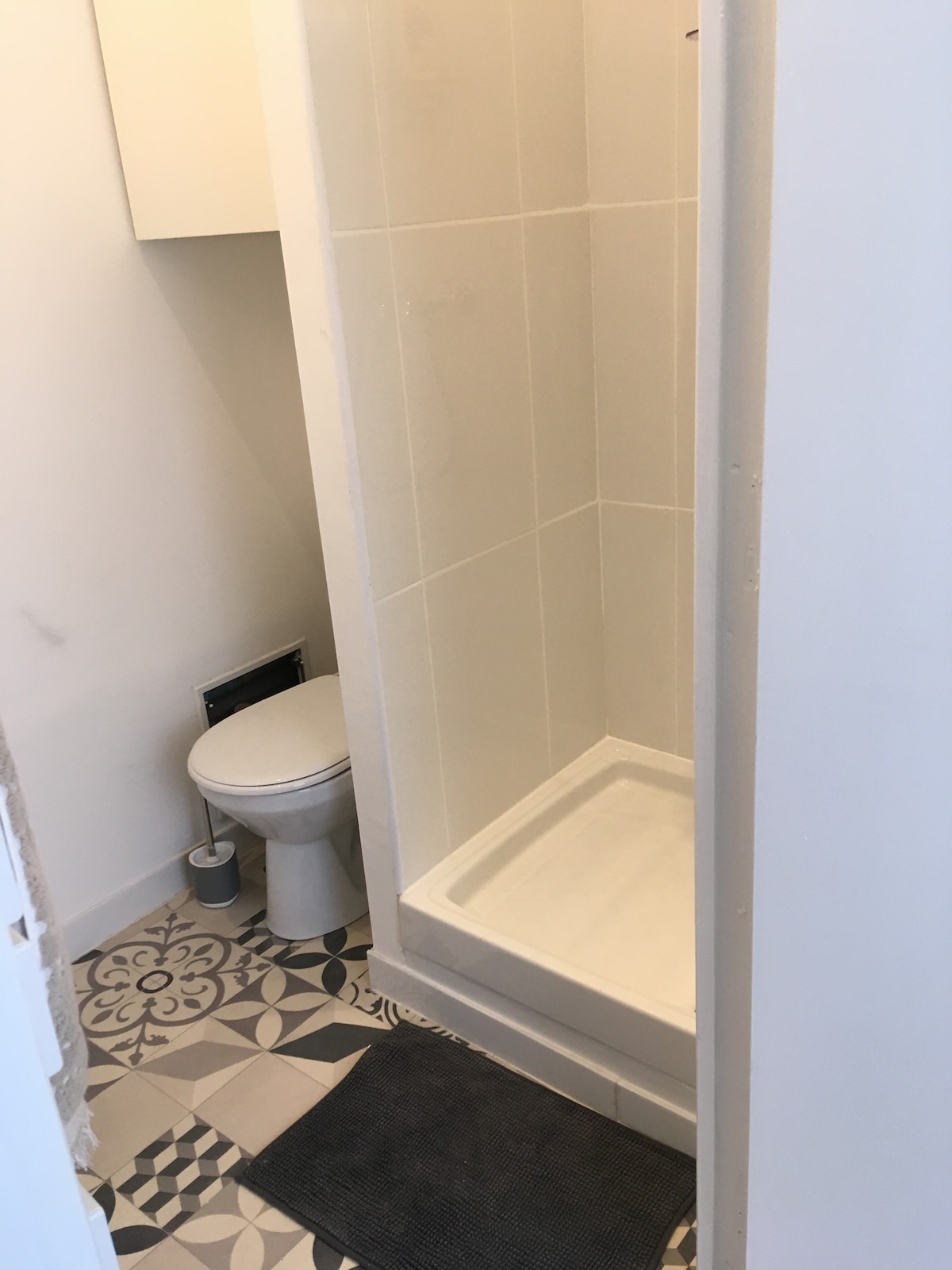 A compact bathroom features a clean and modern design, highlighted by white wall tiles. A walk-in shower is positioned alongside a toilet, with patterned flooring adding character. A small rug lies at the entrance, enhancing the space's functionality.
