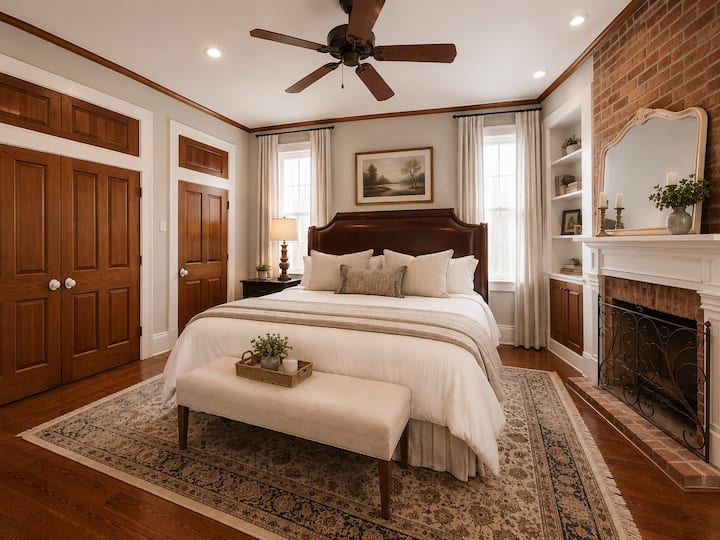 King bedroom on first floor attached clawfoot tub bathroom