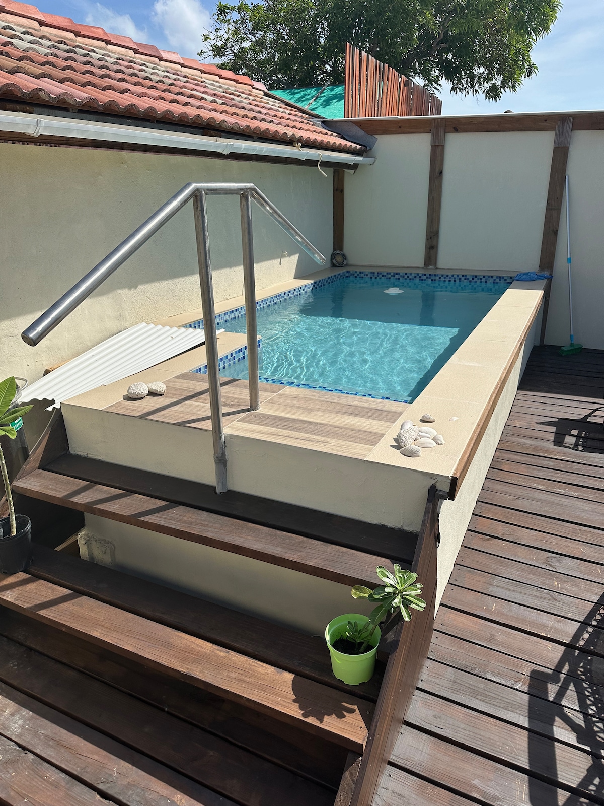 A private pool is positioned on a wooden deck, featuring a shallow entry with stainless steel handrails. Surrounding plants are placed on the deck, contributing to the natural ambiance. The pool's clear water reflects sunlight, providing a refreshing sight in a secluded outdoor space.