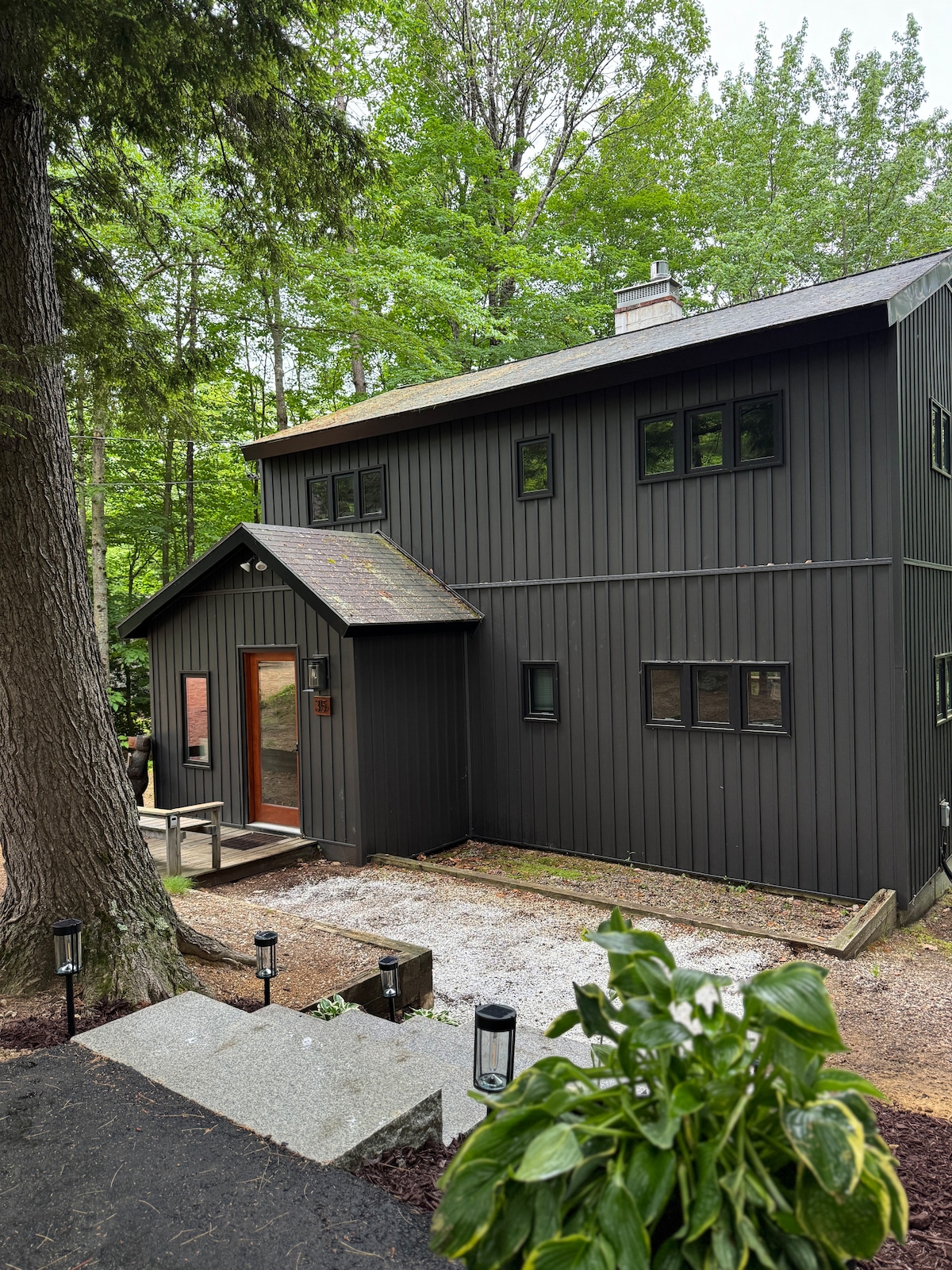 The exterior of a modern, dark-colored home is framed by lush greenery. Large windows punctuate the facade, allowing natural light to enter. A pathway leads to the entrance, surrounded by soft landscaping and outdoor lighting fixtures, creating a peaceful and inviting entrance.