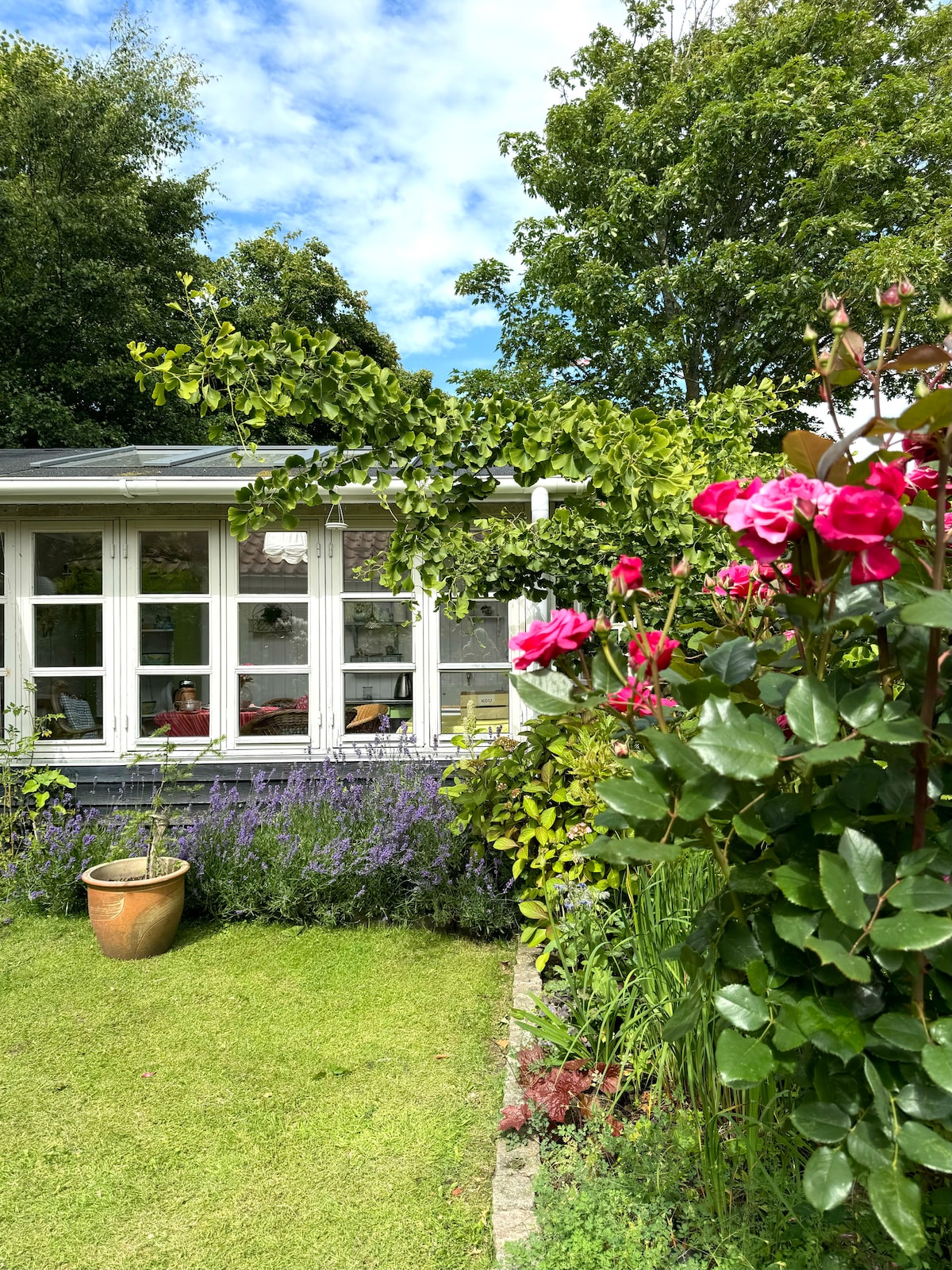 A garden area is featured with lush green grass and vibrant flowers in bloom. A charming garden house is visible through large windows, surrounded by greenery and plants, creating a serene outdoor setting.