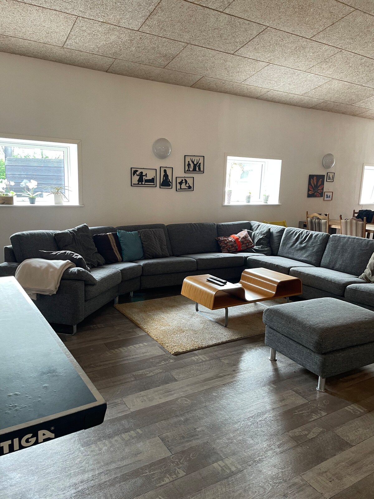 A spacious living area features a large, gray sectional sofa adorned with colorful cushions. Natural light fills the space through two windows, and framed artwork adorns the wall. A light rug is placed beneath a wooden coffee table, adding warmth to the environment.