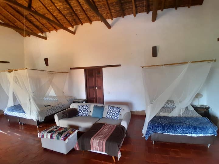 Apartasuite amplia y muy cómoda, con cama kings size y queen, televisión y un acogedor sofá. Un espacio perfecto para descansar y disfrutar de la tranquilidad.
