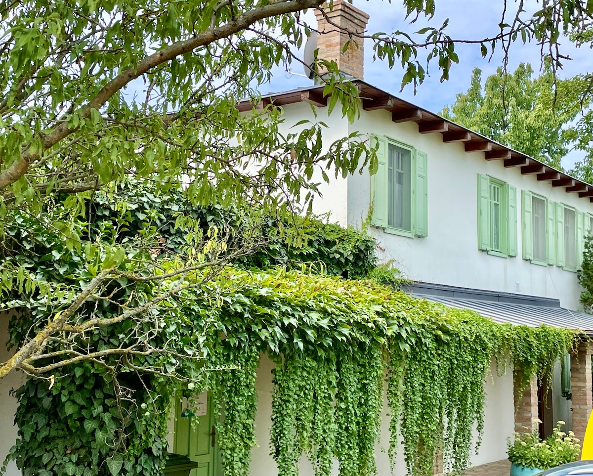 The exterior of the guesthouse is featured, showcasing a two-story structure adorned with green shutters. Lush greenery and climbing vines envelop the building, creating a natural, inviting atmosphere. The roofline is punctuated by a brick chimney, blending harmoniously with the surrounding landscape.