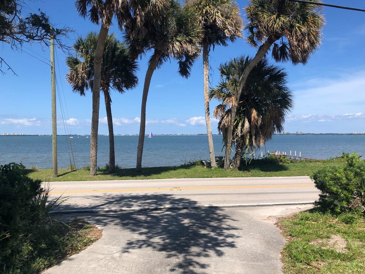 Tall palm trees frame a view of the river, with gentle waves visible under a clear sky. A road leads up to the image foreground, with a glimpse of distant boats and a shoreline in the background.