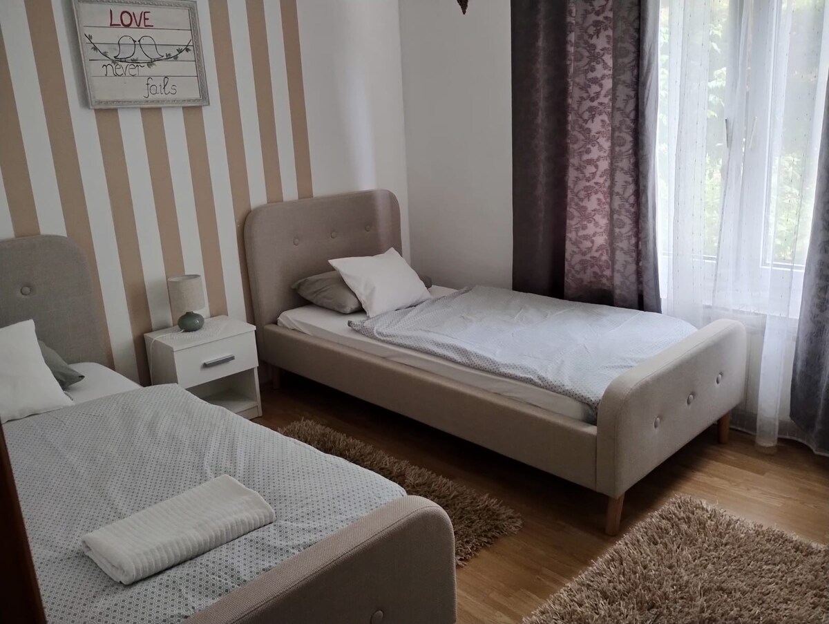 A bright and well-lit room is showcased, featuring two spacious beds positioned next to each other. Light-colored bedding and decorative pillows are arranged neatly on each bed. A small bedside table is located beside one bed, and large windows are draped with delicate curtains.