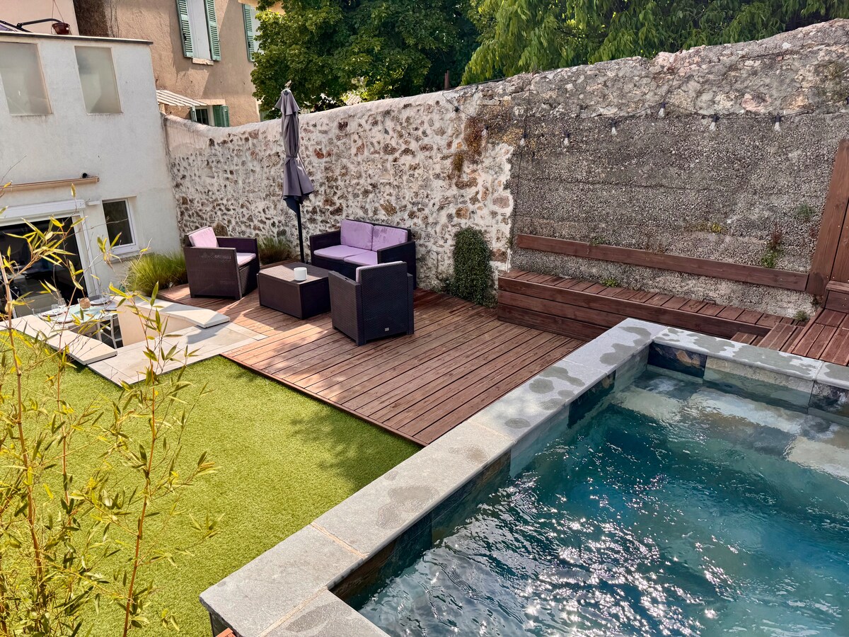 An outdoor space is depicted, featuring a mini pool alongside a wooden deck. Comfortable seating is arranged on the patio, surrounded by decorative plants. A parasol provides shade, while a lush green lawn adds a touch of nature to the setting.