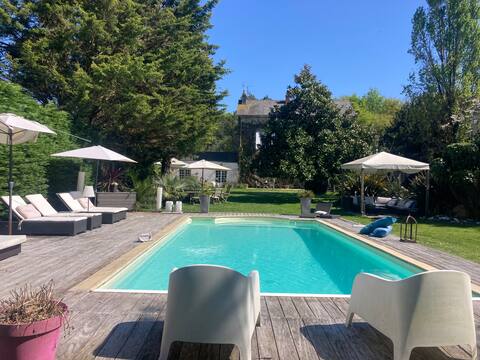 Swimming pool, park, and family home