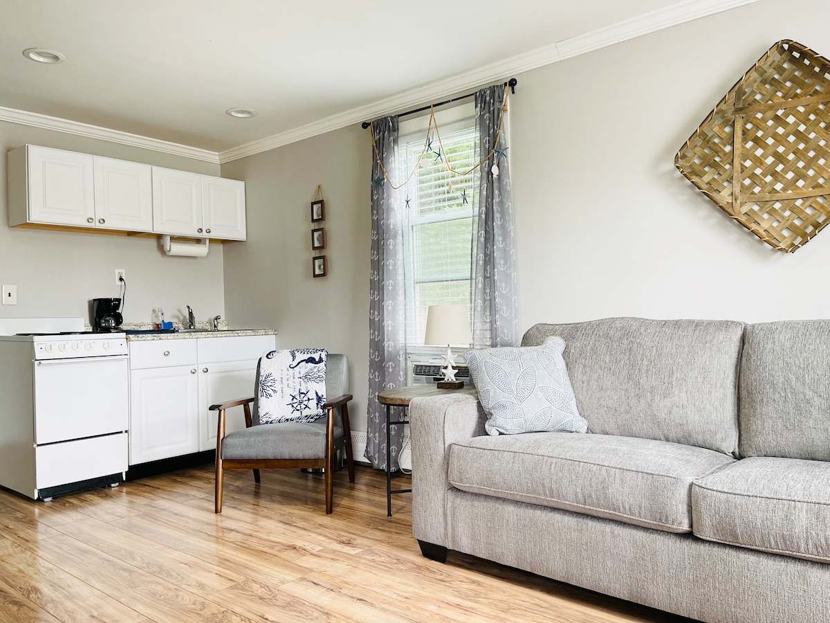 A modern studio apartment features a cozy sitting area furnished with a comfortable gray sofa and a wooden chair. A kitchenette with white cabinetry is positioned against one wall, while natural light filters in through a window dressed with light gray curtains.