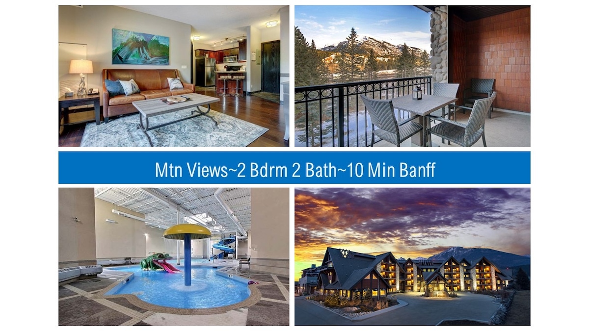 A cozy seating area features a comfortable sofa and an artwork display against a light wall. An outdoor balcony showcases seating with mountain views, creating a serene environment. The indoor pool area includes a playful slide and a separate kiddie pool. A striking lodge is visible in the evening light.