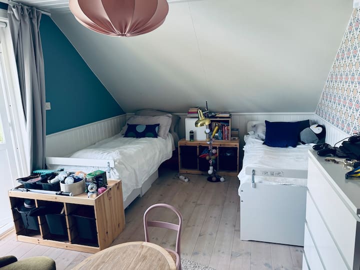 卧室、两张90厘米的床、电视、玩具和手工艺品 