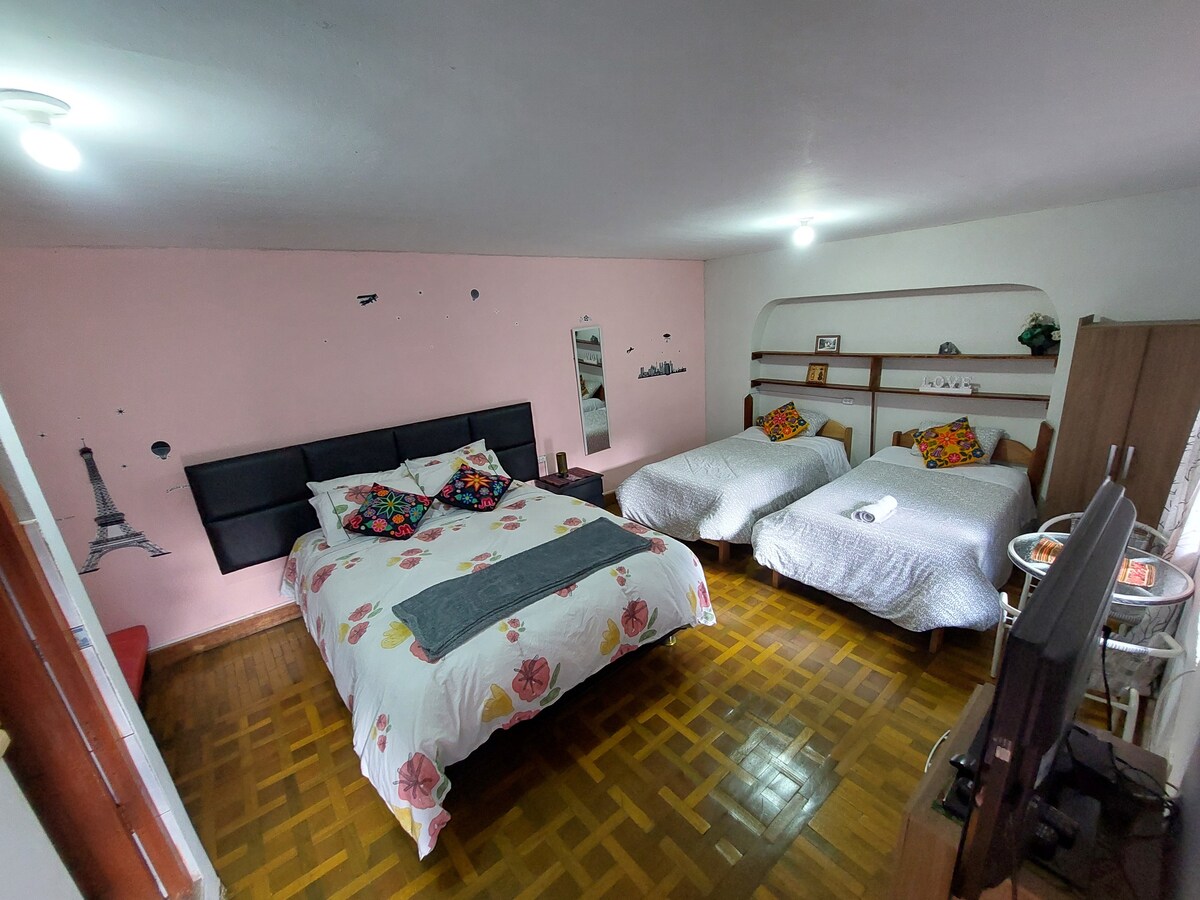 A welcoming sleeping area features a spacious bed with a floral patterned coverlet and bright decorative pillows. Two additional beds are positioned nearby, framed by warm wooden flooring. A mirror and wall art add character to the room, while windows provide natural light.