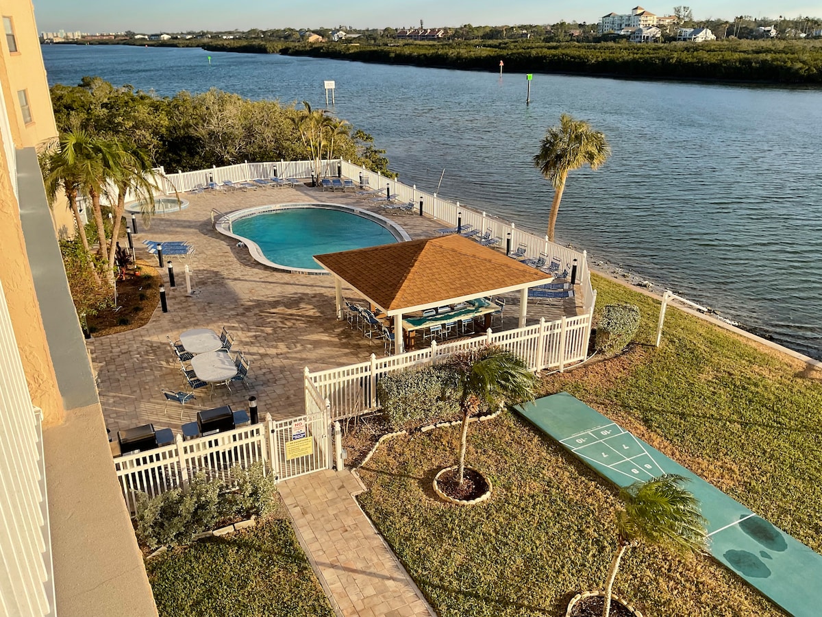 A view of the outdoor pool area is presented, surrounded by palm trees and manicured landscaping. A covered pavilion is visible, featuring dining tables. The poolside is equipped with lounge chairs, and a shuffleboard court is positioned in the foreground. The scenic Intracoastal waterway borders the area.