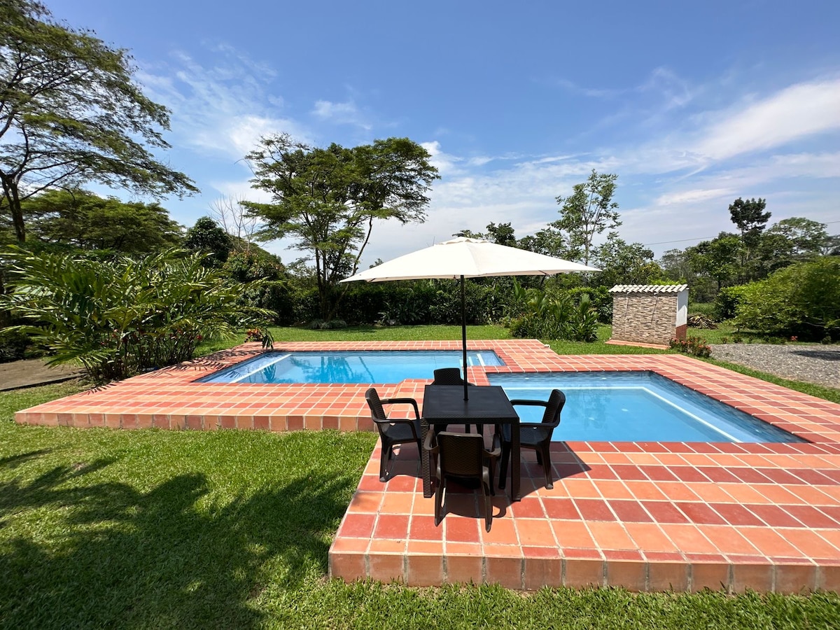 A private swimming pool is surrounded by lush greenery, with two separate pool areas. A patio area features outdoor furniture with a table and chairs, shaded by a large umbrella. The setting offers a relaxing space for leisure and enjoyment.