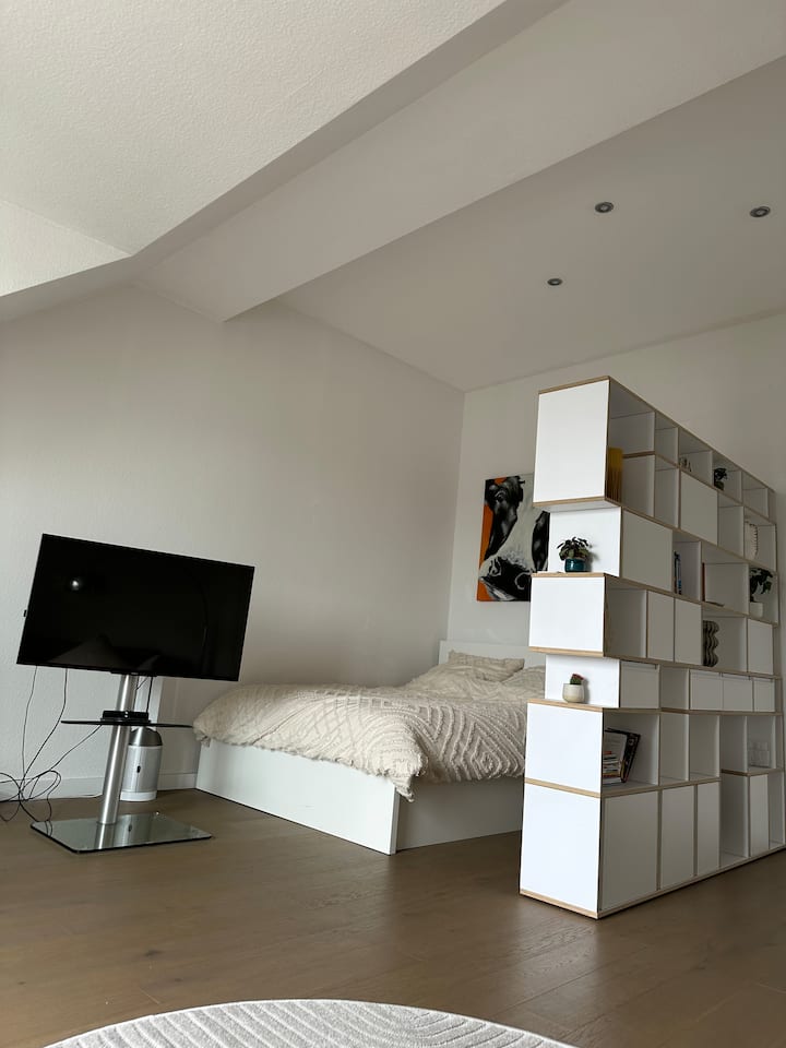 View from the couch, TV can be used as a smart TV (Fire TV Stick for Netflix, Amazon, etc.)