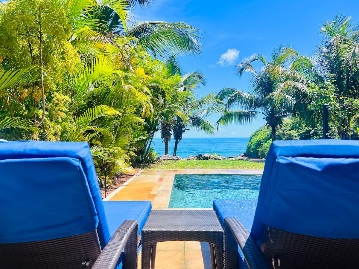 Two blue loungers are positioned near a private swimming pool, which reflects the bright sky. Lush tropical vegetation surrounds the pool area, framing a clear view of the turquoise ocean in the distance.