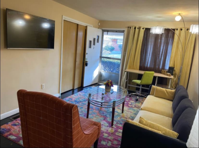 A living area features a flat-screen television mounted on the wall and is furnished with a comfortable sofa and an accent chair. A glass coffee table sits in the center, complemented by a colorful area rug. Natural light enters through large windows dressed with dark curtains.