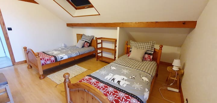 Chambre confortable avec rangements : armoire, penderie .