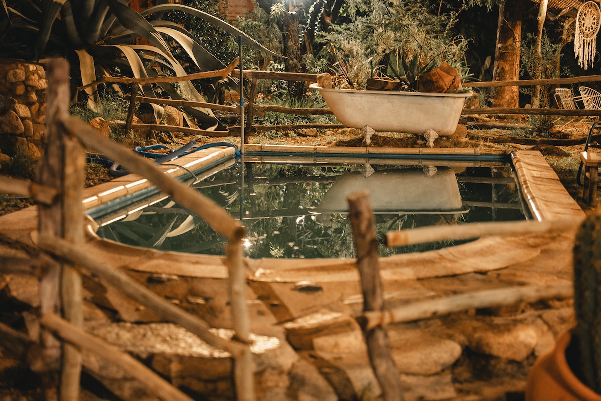 A serene swimming pool surrounded by natural greenery is displayed in this image. The pool is framed by rustic wooden fencing, and a vintage bathtub is seen beside it, adding a unique touch to the tranquil outdoor setting.
