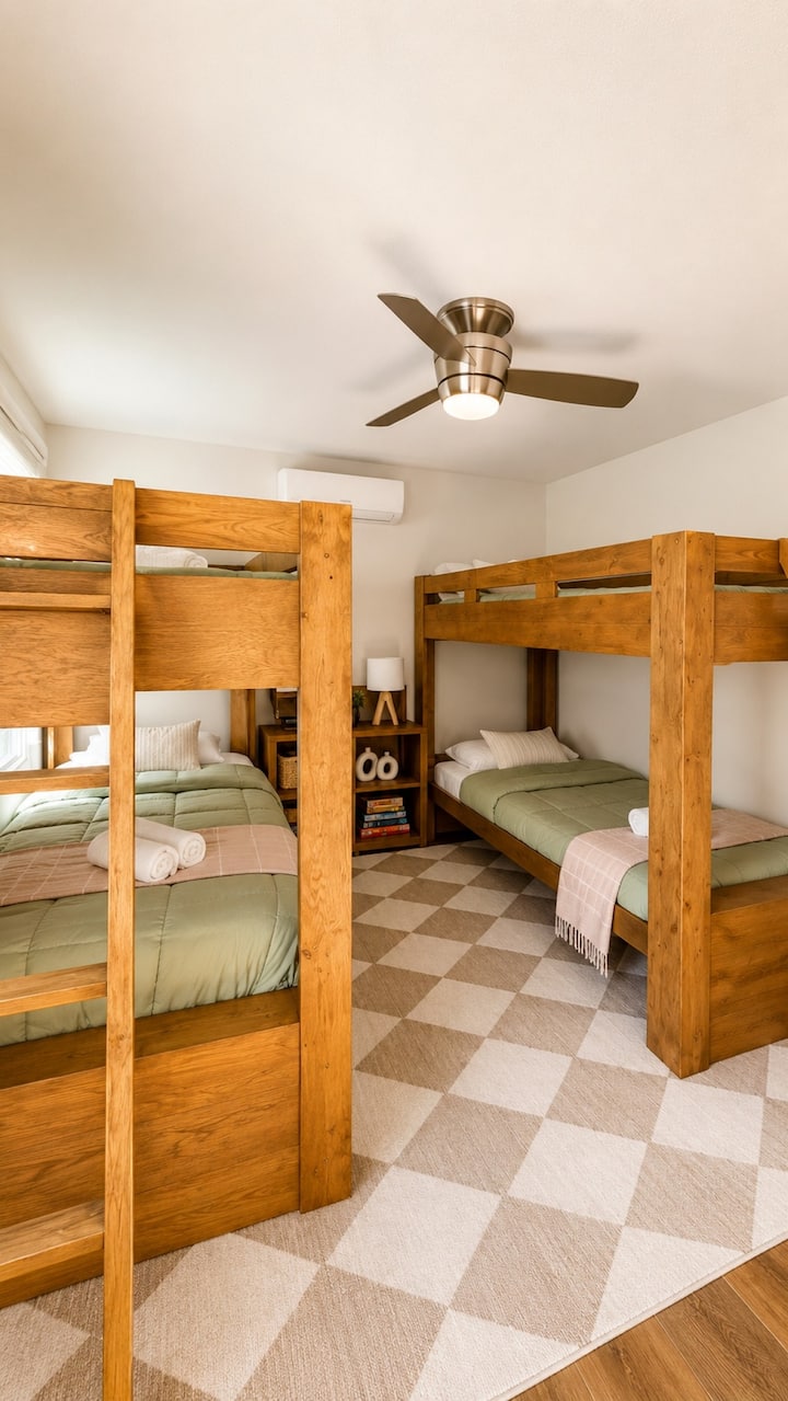 Fun and comfortable bunk bed setup, perfect for kids or groups.