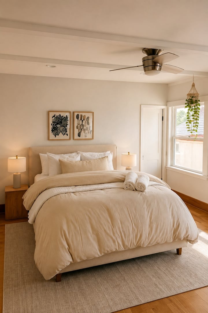 Bright, inviting bedroom made for a good night’s sleep.