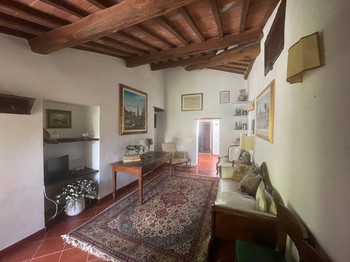 A living area is presented with terracotta flooring and exposed wooden beams above. A large area rug is centered on the floor, complemented by a wooden table and an upholstered sofa. Wall art adorns the sides, while a television is discreetly placed on a shelf.