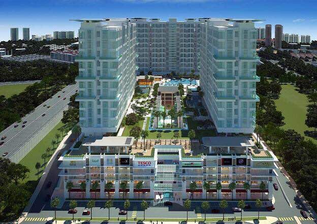 A modern residential complex features multiple stories of glass and concrete, surrounded by landscaped greenery. An inviting pool area is visible in the center, and retail spaces line the ground floor, providing convenient access to shops and amenities.