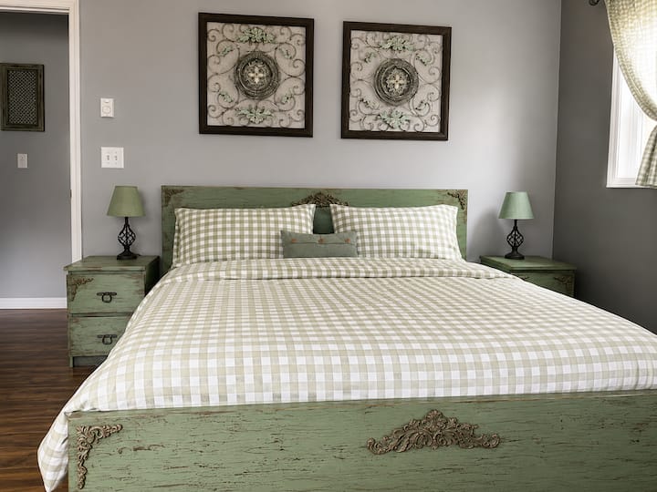 Master Bedroom - King size bed, styled in French Farmhouse Style