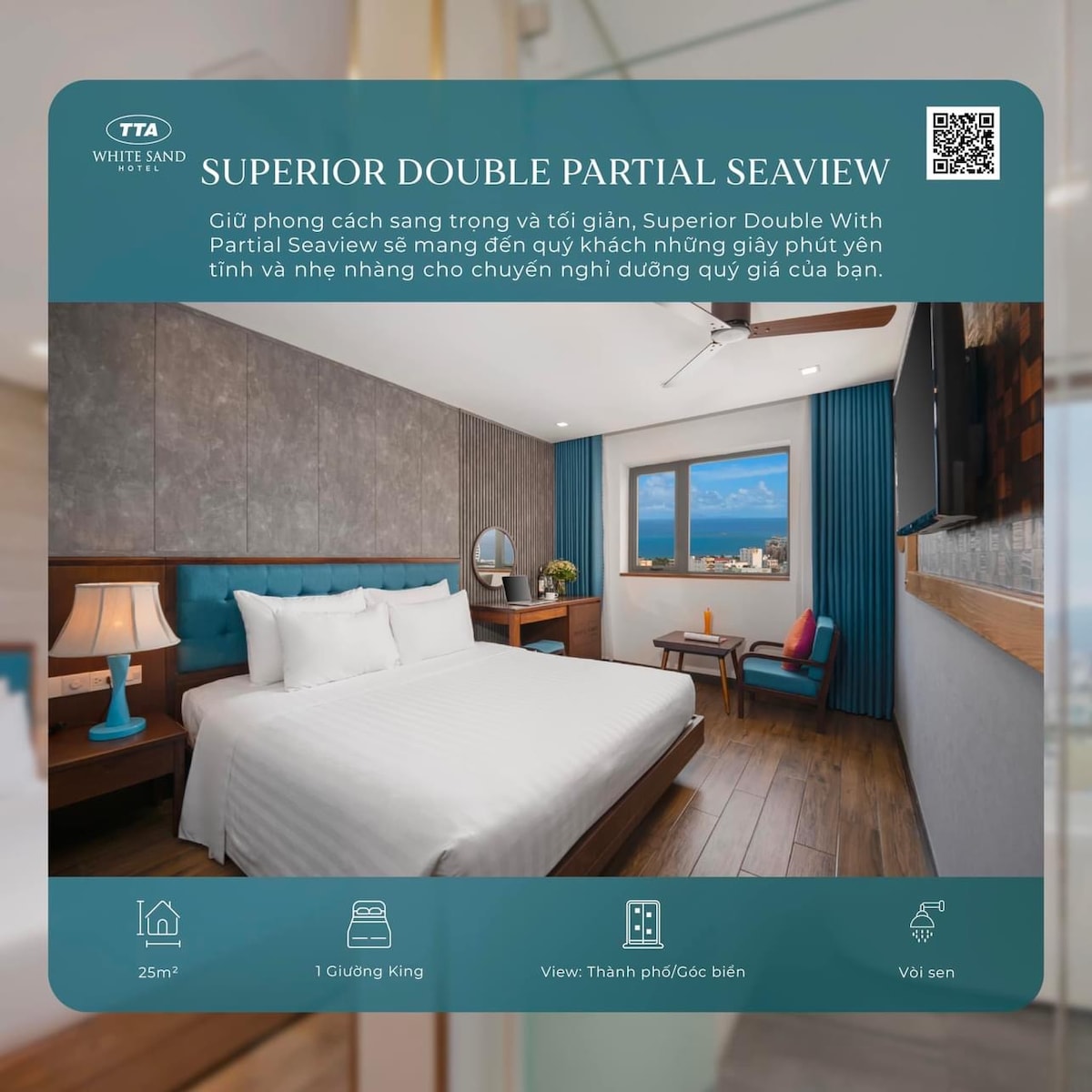 A bedroom features a spacious king bed centered against a textured accent wall. Natural light filters through a window offering a partial view of the ocean. The room is furnished with a bedside table and a modern chair, creating a calming retreat.
