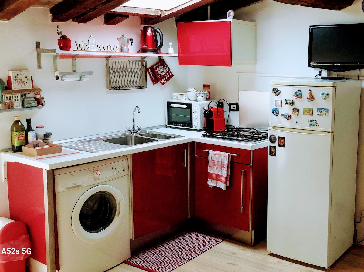 A compact kitchen area is highlighted with red cabinetry and modern appliances. A washing machine is integrated into the space, alongside a stove and microwave. A retro-style refrigerator stands prominently, while shelves display kitchen essentials and decor. Natural light illuminates the area, enhancing its functionality.