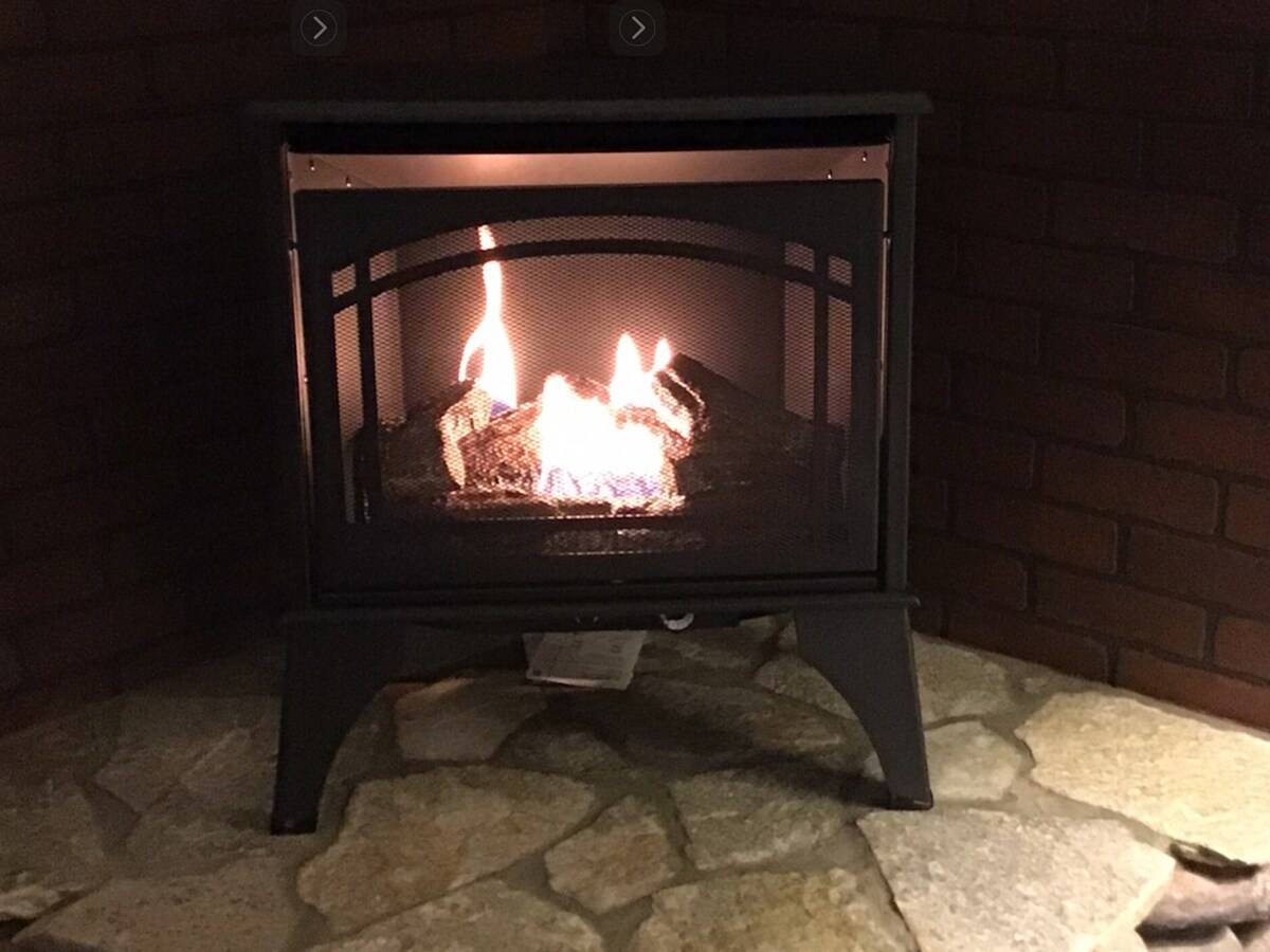 A modern gas fireplace is centered on a stone floor, providing warmth with flickering flames. The fireplace is framed with a dark metal casing and is set against a backdrop of brick walls, creating a cozy focal point in the space.