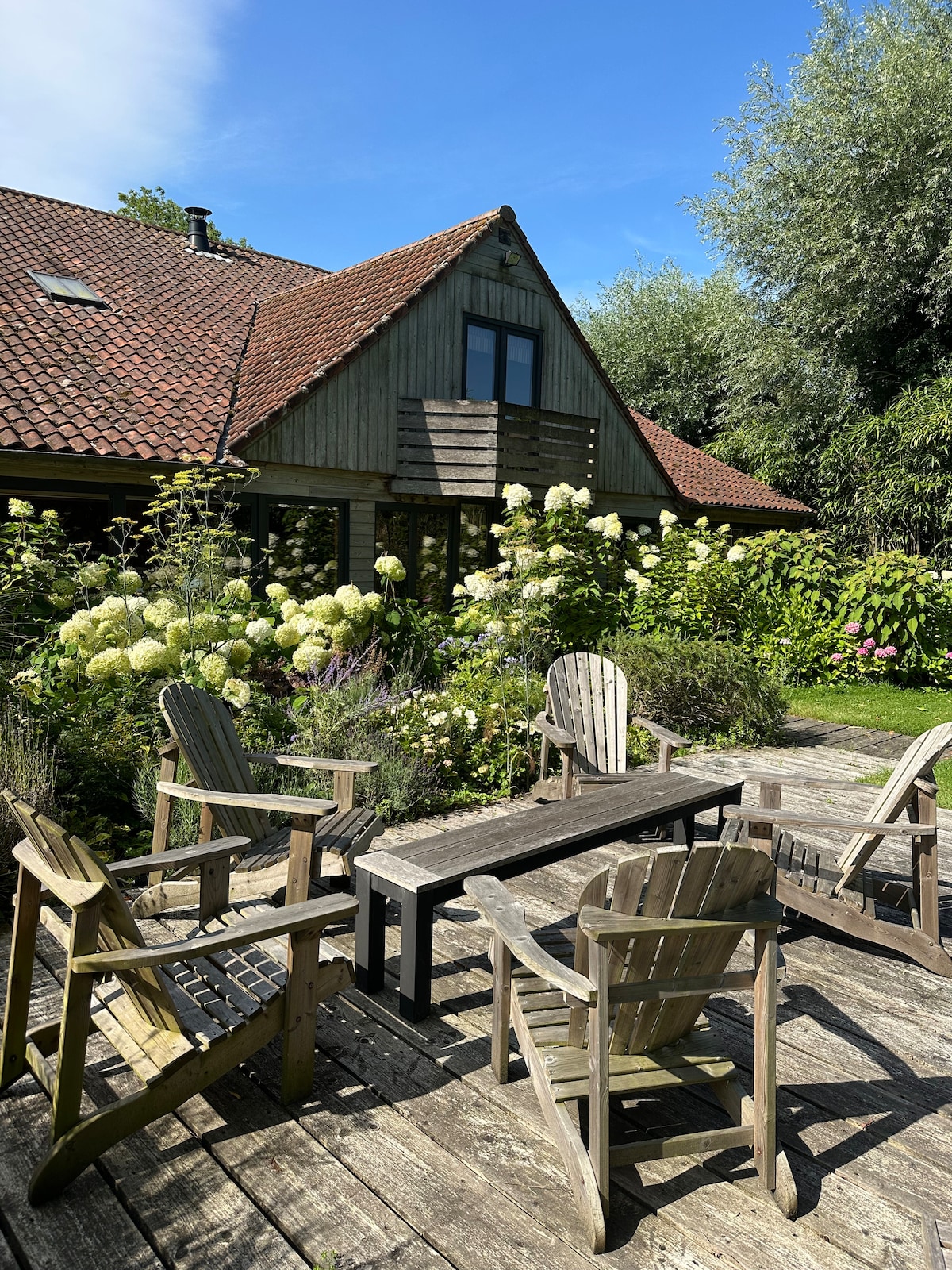 A charming outdoor seating area is visible, featuring a rectangular table surrounded by five wooden adirondack chairs. Lush greenery and flowering plants frame the space, while a warm sunlit sky casts a bright ambiance over the rustic wooden deck and the adjacent house.