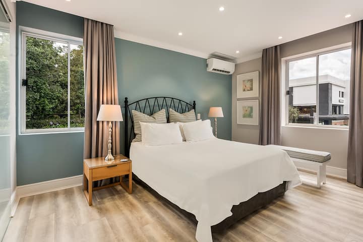 Comfortable queen-sized (extra length) bed with plush linen and blockout curtains. Air-conditioning and plenty of cupboard space.