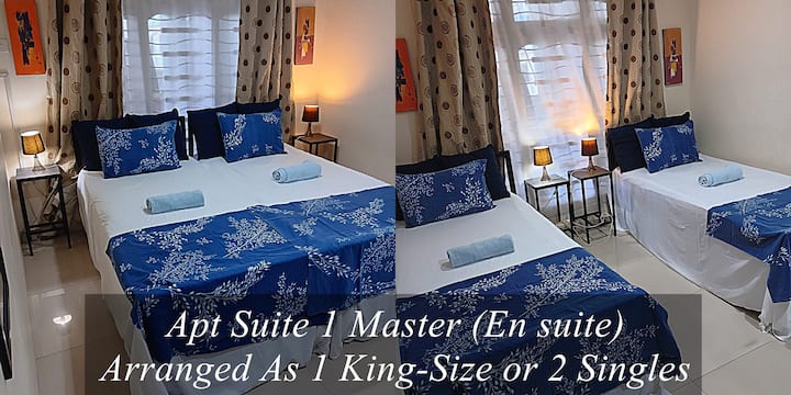 Apt 1 Master Bedroom Air conditioned with En Suite bathroom.  
Can be Arranged as 1 King-Size or 2 Singles
There is also an additional bathroom shared between bedrooms 2&3