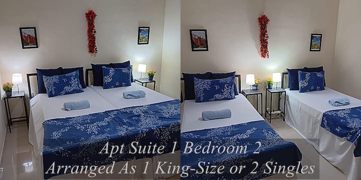 Apt Suite 1 - Bedroom 2
Air conditioned with clothes storage and extra blankets
Can be Arranged as 1 King-Size or 2 Singles
