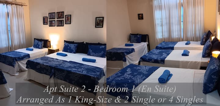 Apt Suite 2 Master Bedroom with En Suite
Air-Conditioned with clothes storage and extra blankets
Can be Arranged as 1 King-Size & 2 Singles or 4 singles