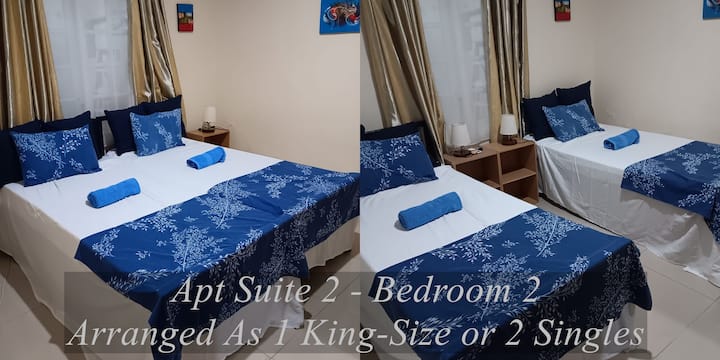 Apt Suite 2 - Bedroom 2
Air-Conditioned with clothes storage and extra blankets
Can be Arranged as 1 King-Size or  2 Singles