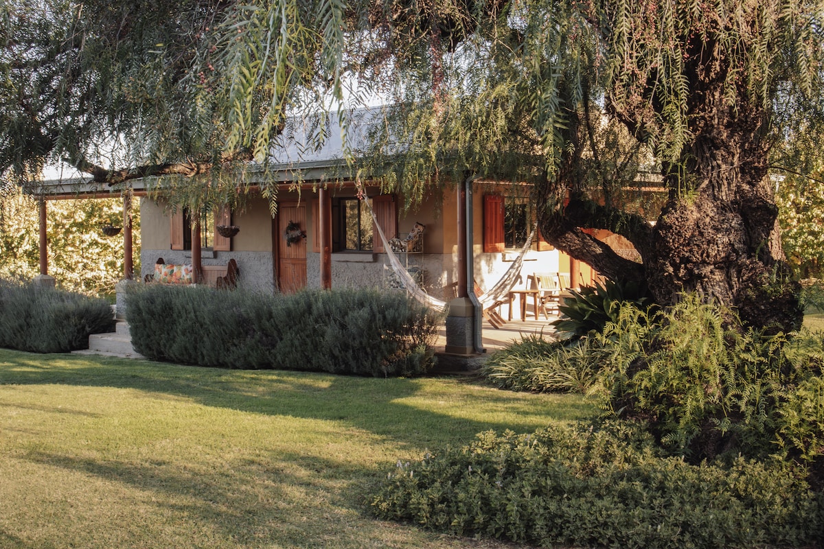 A charming farm cottage is nestled among lush greenery, featuring a welcoming porch with comfortable seating. Large trees provide shade, while a hammock adds to the relaxed atmosphere. The exterior reflects a rustic style, harmonizing with the natural surroundings of grass and shrubs.