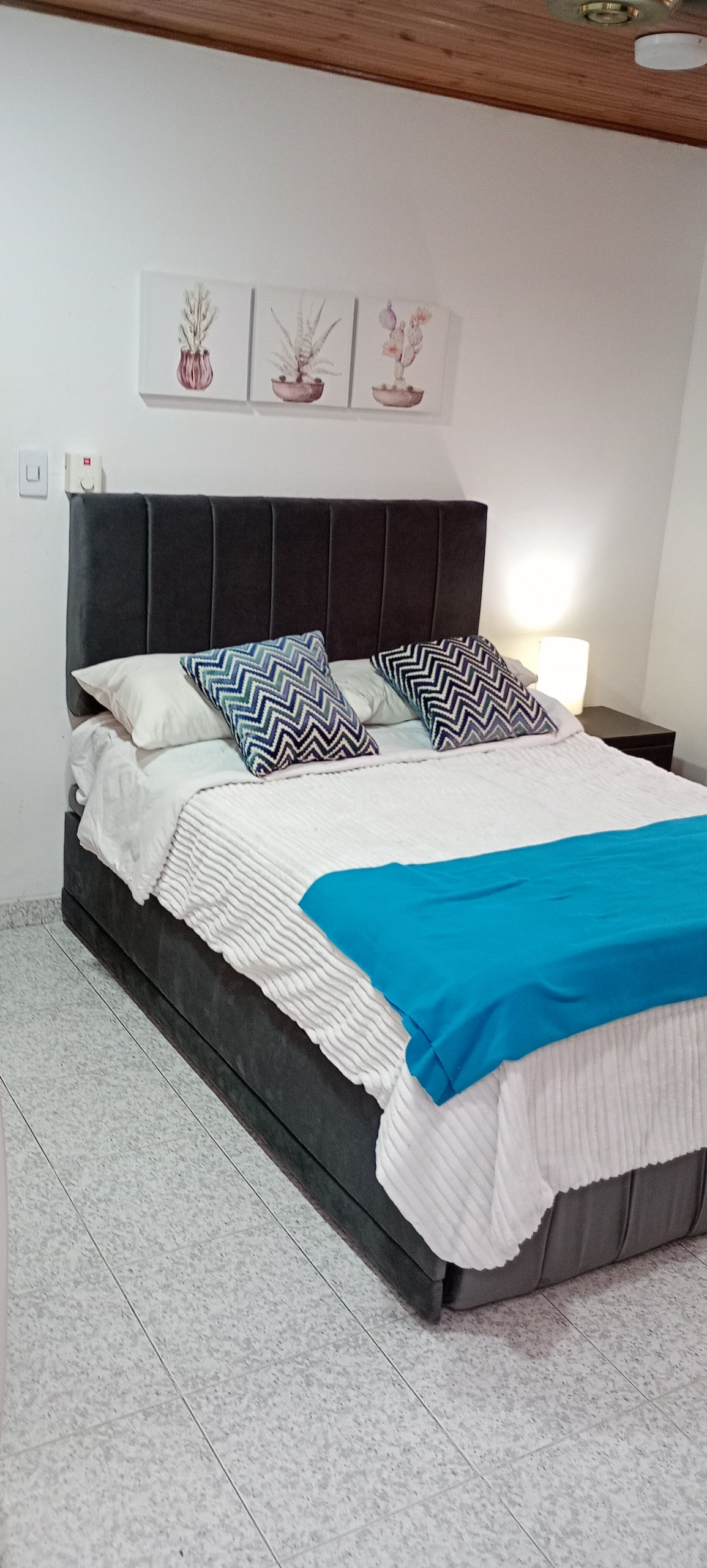A well-arranged sleeping area features a spacious bed adorned with white bedding and a turquoise throw. Two decorative pillows with patterned designs are placed against a cushioned headboard. A bedside lamp offers soft illumination, while artwork hangs above the bed, enhancing the room's atmosphere.