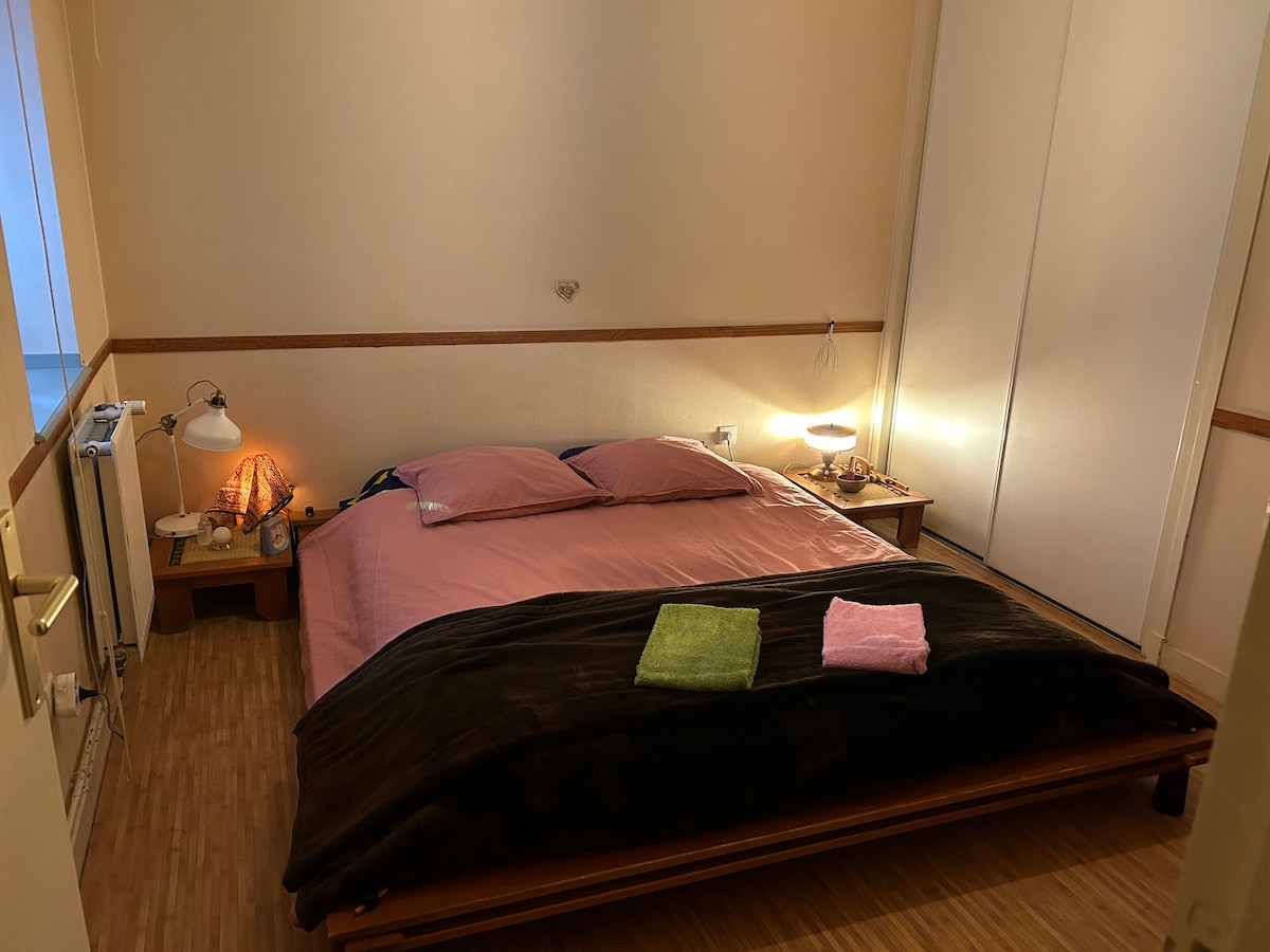A cozy bedroom showcases a spacious bed covered with a light pink duvet and dark brown blanket. Nightstands are positioned on either side, each featuring a lamp. Soft towels in green and pink are neatly arranged on the end of the bed, and natural light is present from a nearby window.