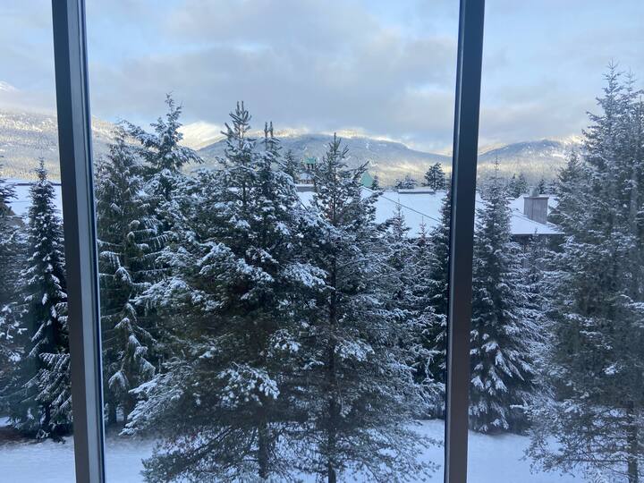 1月份，新降雪后可欣赏到客房的美景。 从阳台向下看斜坡，您将向下走