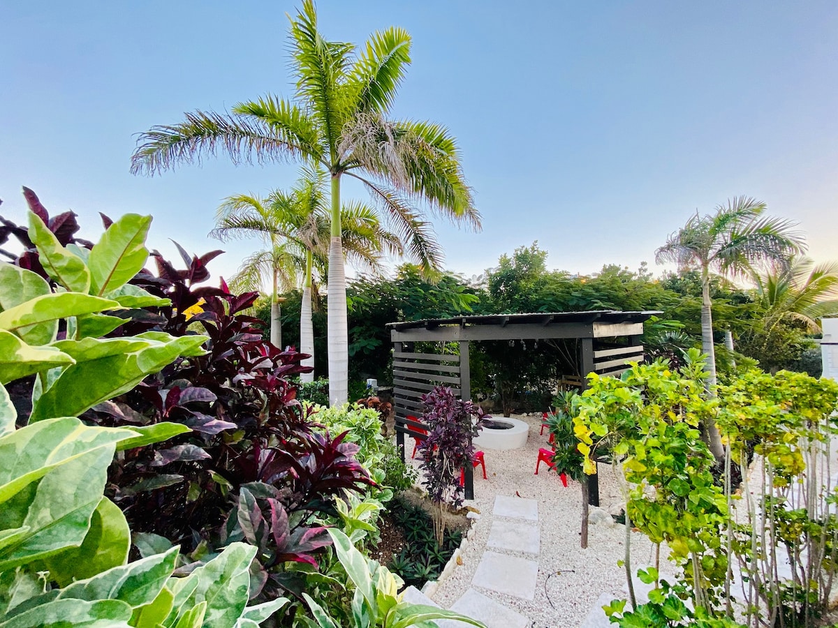 Lush greenery surrounds a shaded gazebo with red chairs, creating a peaceful outdoor retreat. Tropical plants are visible, framed by tall palm trees under a clear blue sky. A stone pathway leads through the vibrant garden, inviting relaxation and tranquility.